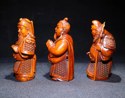 4"Tibetan Temple Collection Old Boxwood Hand-carved Taoyuan Sanjie Statue of Liu Guanzhang Three statues Town House Exorcism