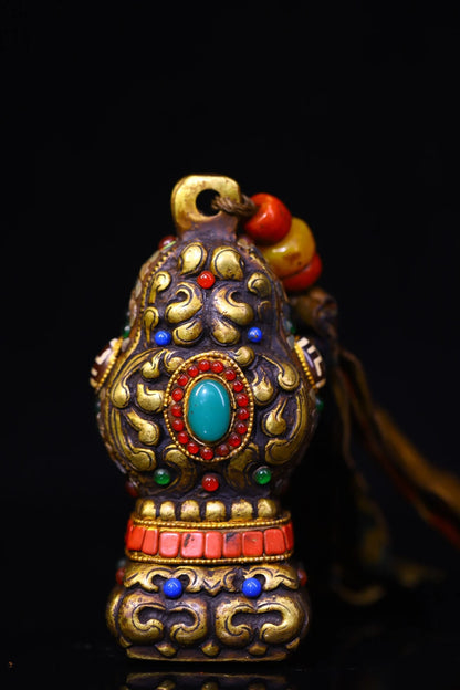 4"Tibetan Temple Collection Old Bronze Cinnabar Mosaic Gem gZi Beads Beast Texture Six Character Proverbs Buddha Seal Amulet