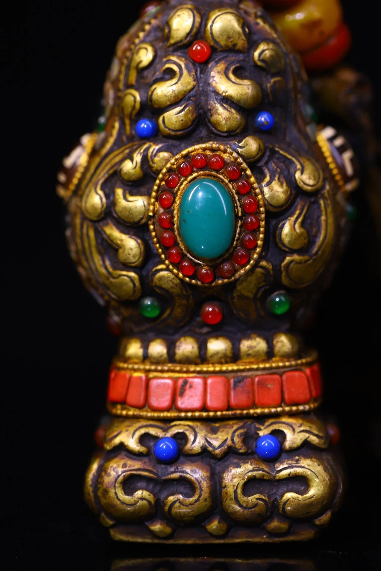 4"Tibetan Temple Collection Old Bronze Cinnabar Mosaic Gem gZi Beads Beast Texture Six Character Proverbs Buddha Seal Amulet
