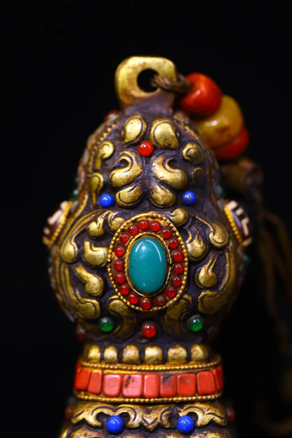 4"Tibetan Temple Collection Old Bronze Cinnabar Mosaic Gem gZi Beads Beast Texture Six Character Proverbs Buddha Seal Amulet