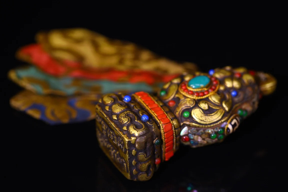 4"Tibetan Temple Collection Old Bronze Cinnabar Mosaic Gem gZi Beads Beast Texture Six Character Proverbs Buddha Seal Amulet