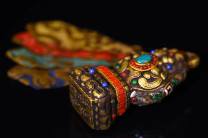 4"Tibetan Temple Collection Old Bronze Cinnabar Mosaic Gem gZi Beads Beast Texture Six Character Proverbs Buddha Seal Amulet