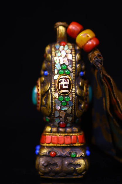 4"Tibetan Temple Collection Old Bronze Cinnabar Mosaic Gem gZi Beads Beast Texture Six Character Proverbs Buddha Seal Amulet