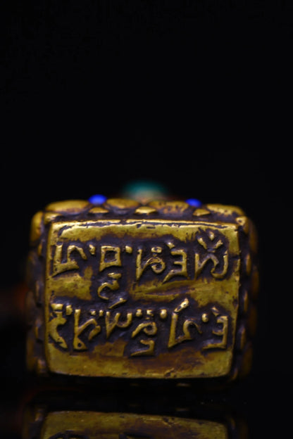 4"Tibetan Temple Collection Old Bronze Cinnabar Mosaic Gem gZi Beads Beast Texture Six Character Proverbs Buddha Seal Amulet