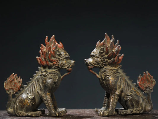 4"Tibetan Temple Collection Old Bronze Cinnabar Mud gold Kylin Qilin Statue Divine Beast A Pair Amass wealth Ornament Town house