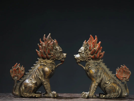 4"Tibetan Temple Collection Old Bronze Cinnabar Mud gold Kylin Qilin Statue Divine Beast A Pair Amass wealth Ornament Town house