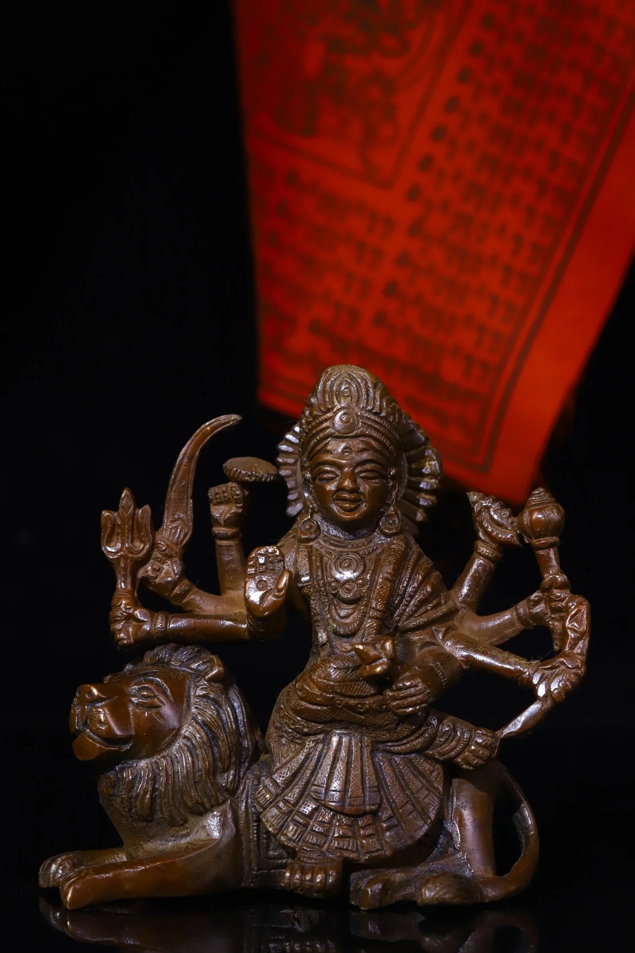 4"Tibetan Temple Collection Old Bronze Durga durg Sitting Tiger Buddha Six Arms Worship Hall Town house