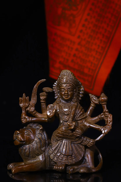4"Tibetan Temple Collection Old Bronze Durga durg Sitting Tiger Buddha Six Arms Worship Hall Town house