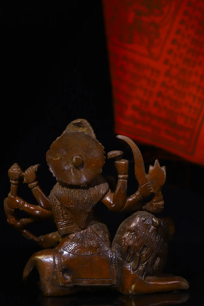 4"Tibetan Temple Collection Old Bronze Durga durg Sitting Tiger Buddha Six Arms Worship Hall Town house
