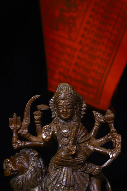 4"Tibetan Temple Collection Old Bronze Durga durg Sitting Tiger Buddha Six Arms Worship Hall Town house