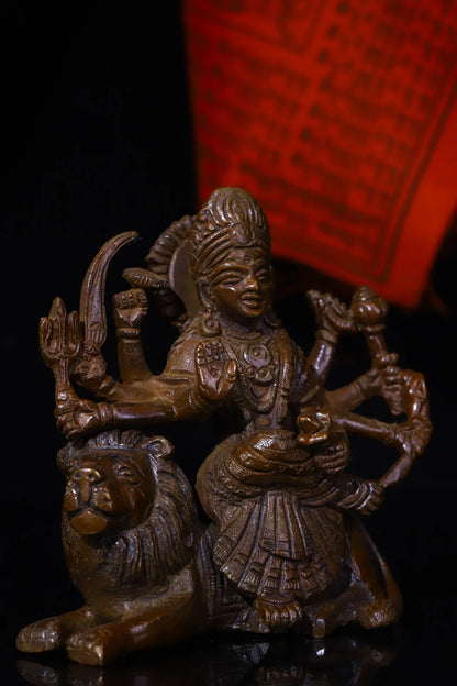 4"Tibetan Temple Collection Old Bronze Durga durg Sitting Tiger Buddha Six Arms Worship Hall Town house