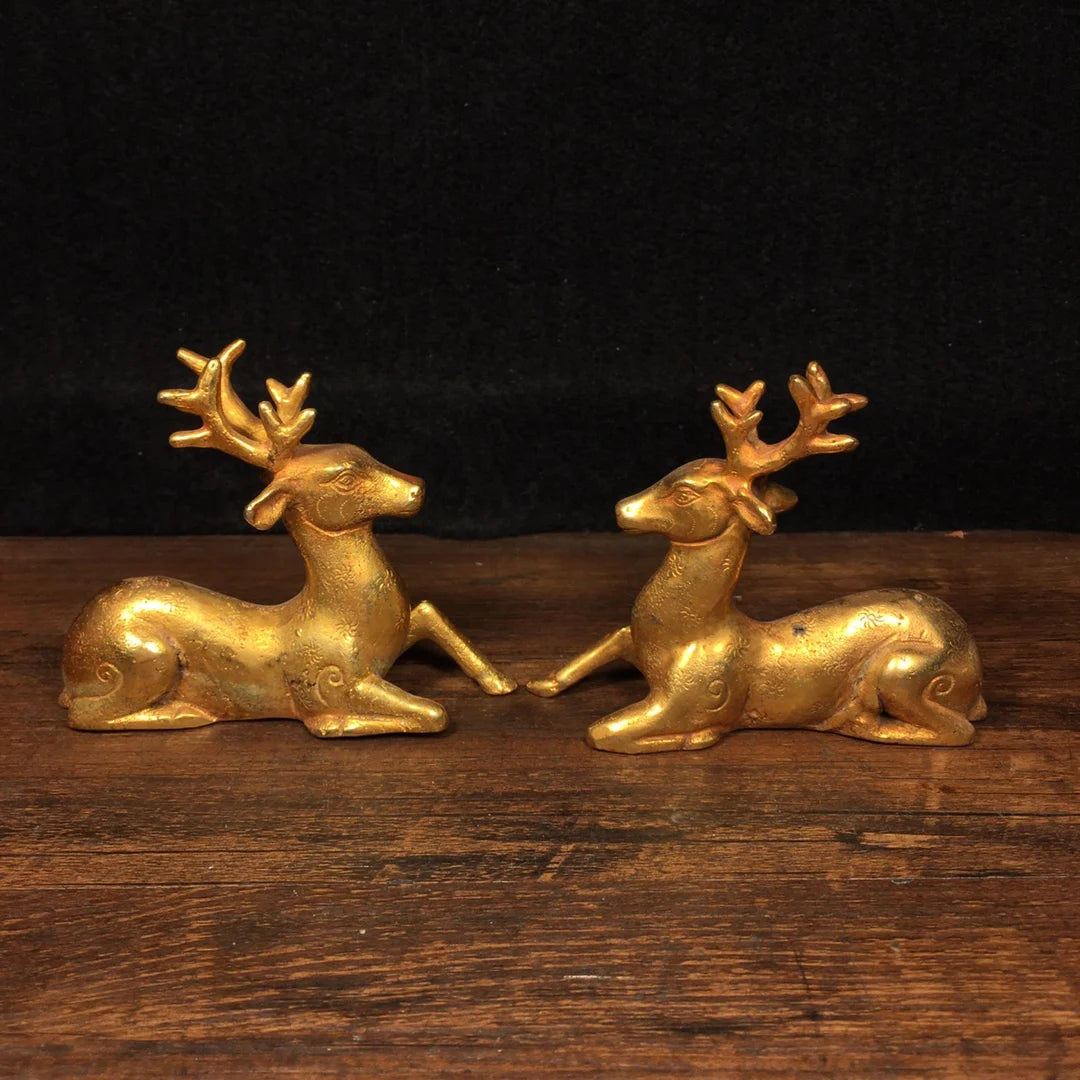 4"Tibetan Temple Collection Old Bronze Gilt Sika Deer Statue Linglu A pair Gather wealth Office Ornaments Town House Exorcism