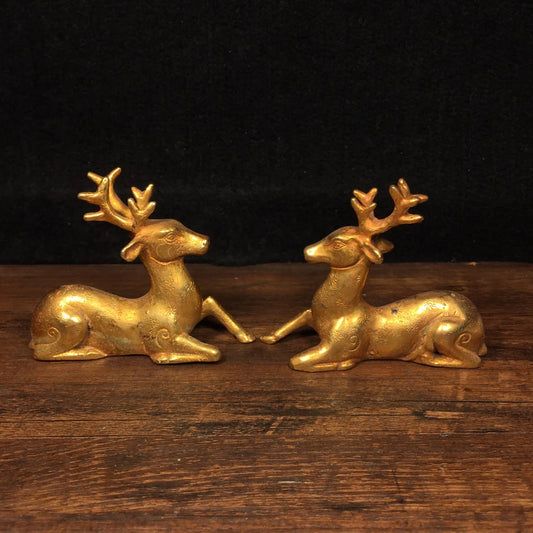 4"Tibetan Temple Collection Old Bronze Gilt Sika Deer Statue Linglu A pair Gather wealth Office Ornaments Town House Exorcism
