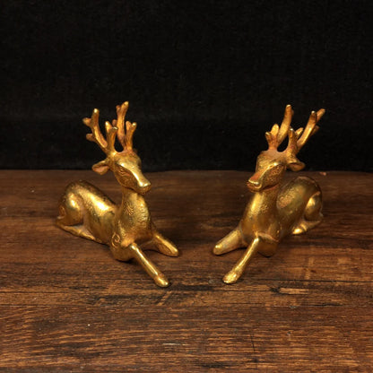 4"Tibetan Temple Collection Old Bronze Gilt Sika Deer Statue Linglu A pair Gather wealth Office Ornaments Town House Exorcism