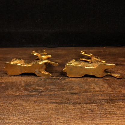 4"Tibetan Temple Collection Old Bronze Gilt Sika Deer Statue Linglu A pair Gather wealth Office Ornaments Town House Exorcism