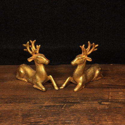 4"Tibetan Temple Collection Old Bronze Gilt Sika Deer Statue Linglu A pair Gather wealth Office Ornaments Town House Exorcism