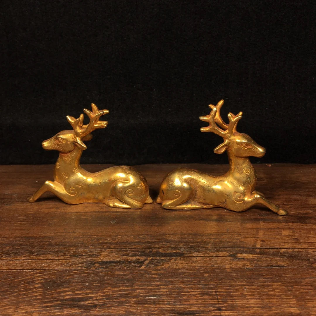 4"Tibetan Temple Collection Old Bronze Gilt Sika Deer Statue Linglu A pair Gather wealth Office Ornaments Town House Exorcism