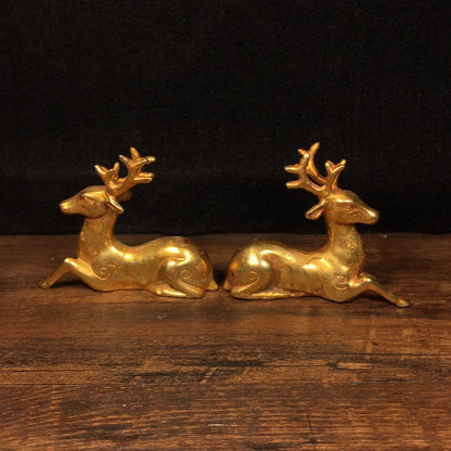 4"Tibetan Temple Collection Old Bronze Gilt Sika Deer Statue Linglu A pair Gather wealth Office Ornaments Town House Exorcism