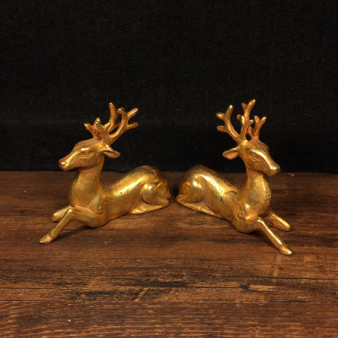 4"Tibetan Temple Collection Old Bronze Gilt Sika Deer Statue Linglu A pair Gather wealth Office Ornaments Town House Exorcism