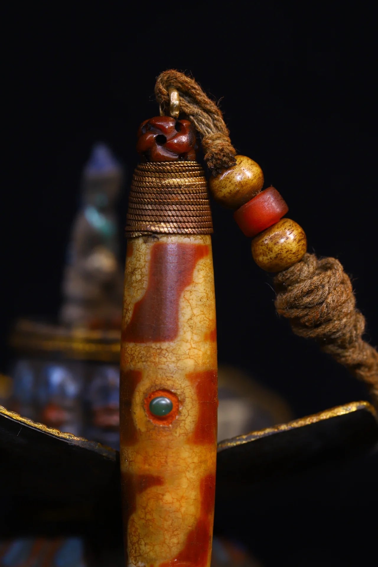 4"Tibetan Temple Collection Old Natural Agate Mosaic Gem Dzi Beads nine eyeballs Amulet pendant Town house Exorcism