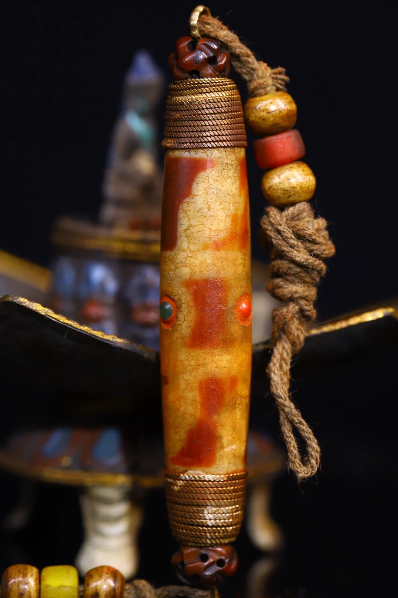 4"Tibetan Temple Collection Old Natural Agate Mosaic Gem Dzi Beads nine eyeballs Amulet pendant Town house Exorcism