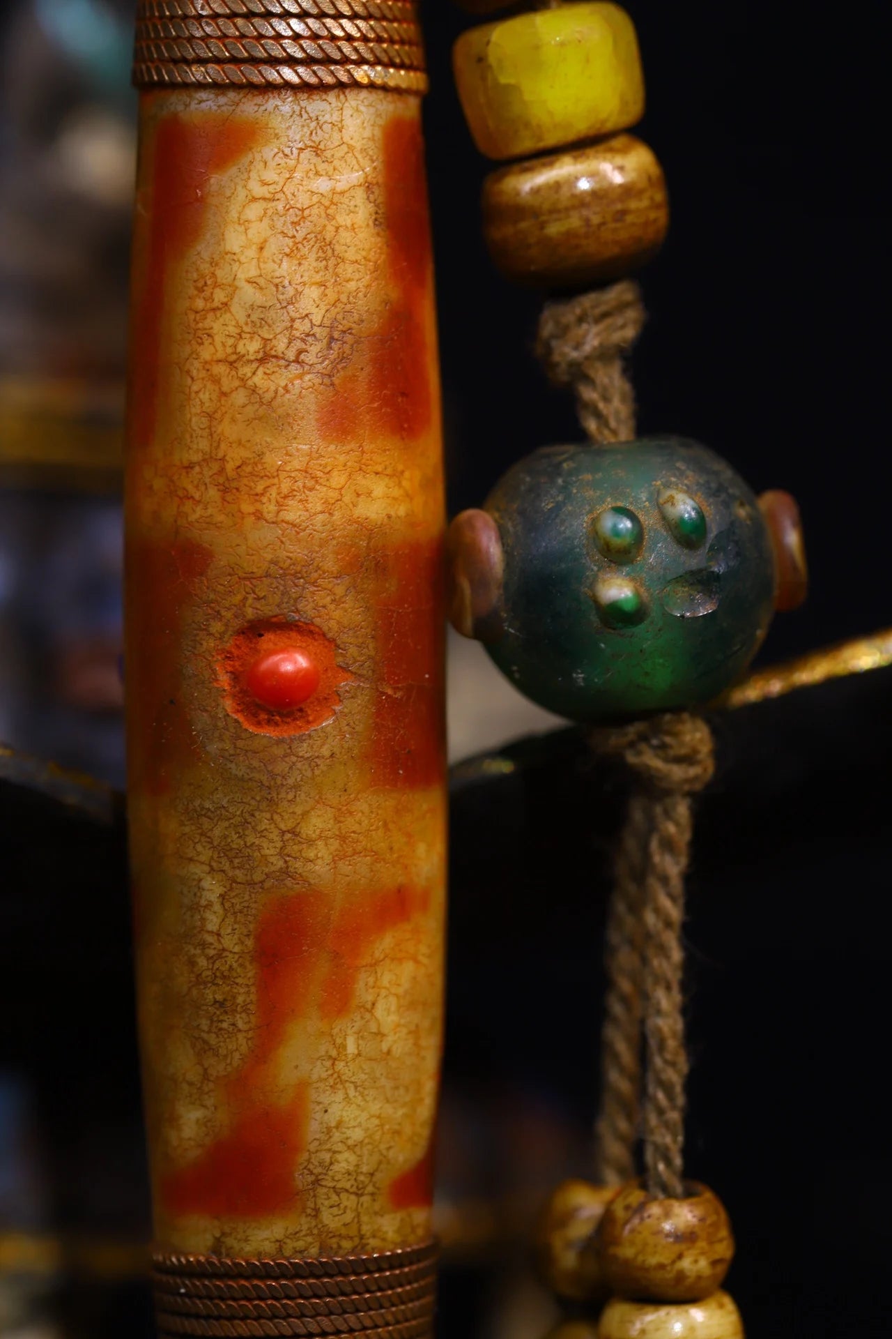 4"Tibetan Temple Collection Old Natural Agate Mosaic Gem Dzi Beads nine eyeballs Amulet pendant Town house Exorcism