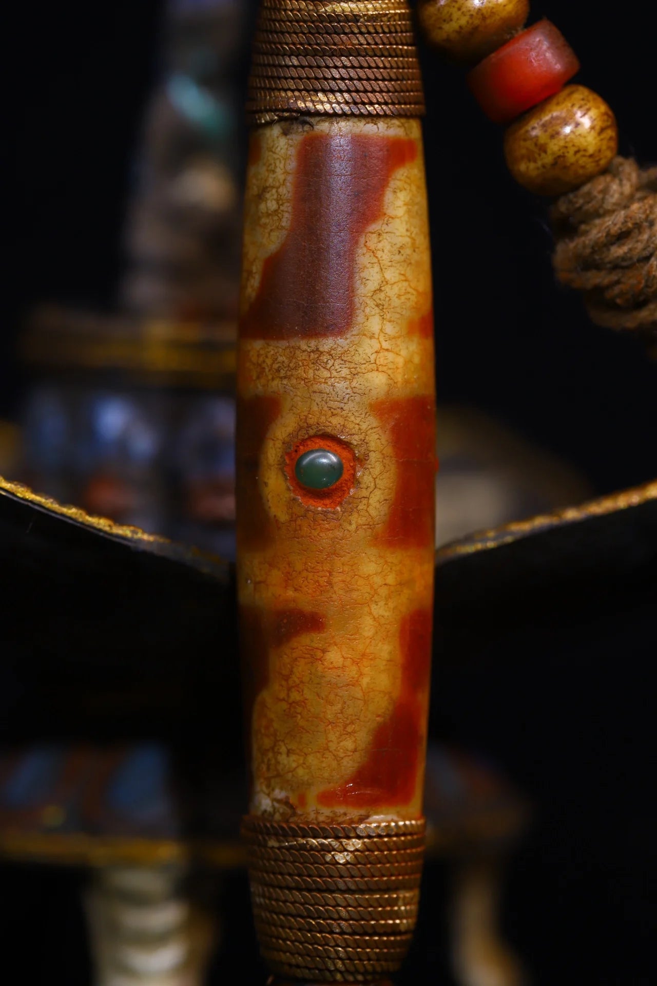 4"Tibetan Temple Collection Old Natural Agate Mosaic Gem Dzi Beads nine eyeballs Amulet pendant Town house Exorcism