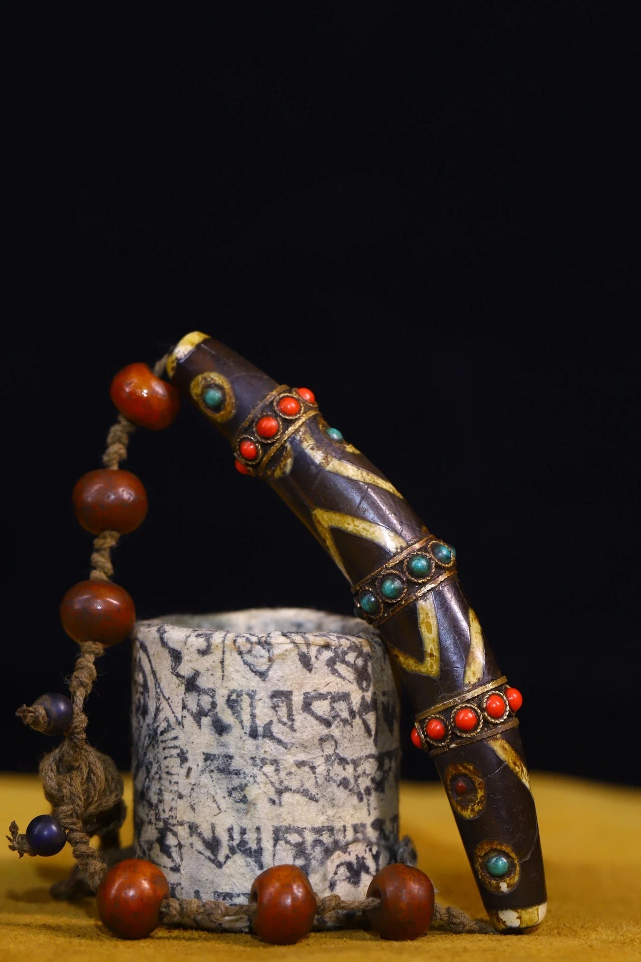4"Tibetan Temple Collection Old Natural Agate filigree Mosaic Gem gZi Beads nine eyeballs Amulet pendant Town house Exorcism