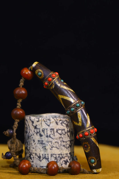 4"Tibetan Temple Collection Old Natural Agate filigree Mosaic Gem gZi Beads nine eyeballs Amulet pendant Town house Exorcism