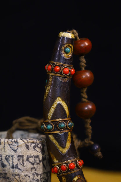 4"Tibetan Temple Collection Old Natural Agate filigree Mosaic Gem gZi Beads nine eyeballs Amulet pendant Town house Exorcism
