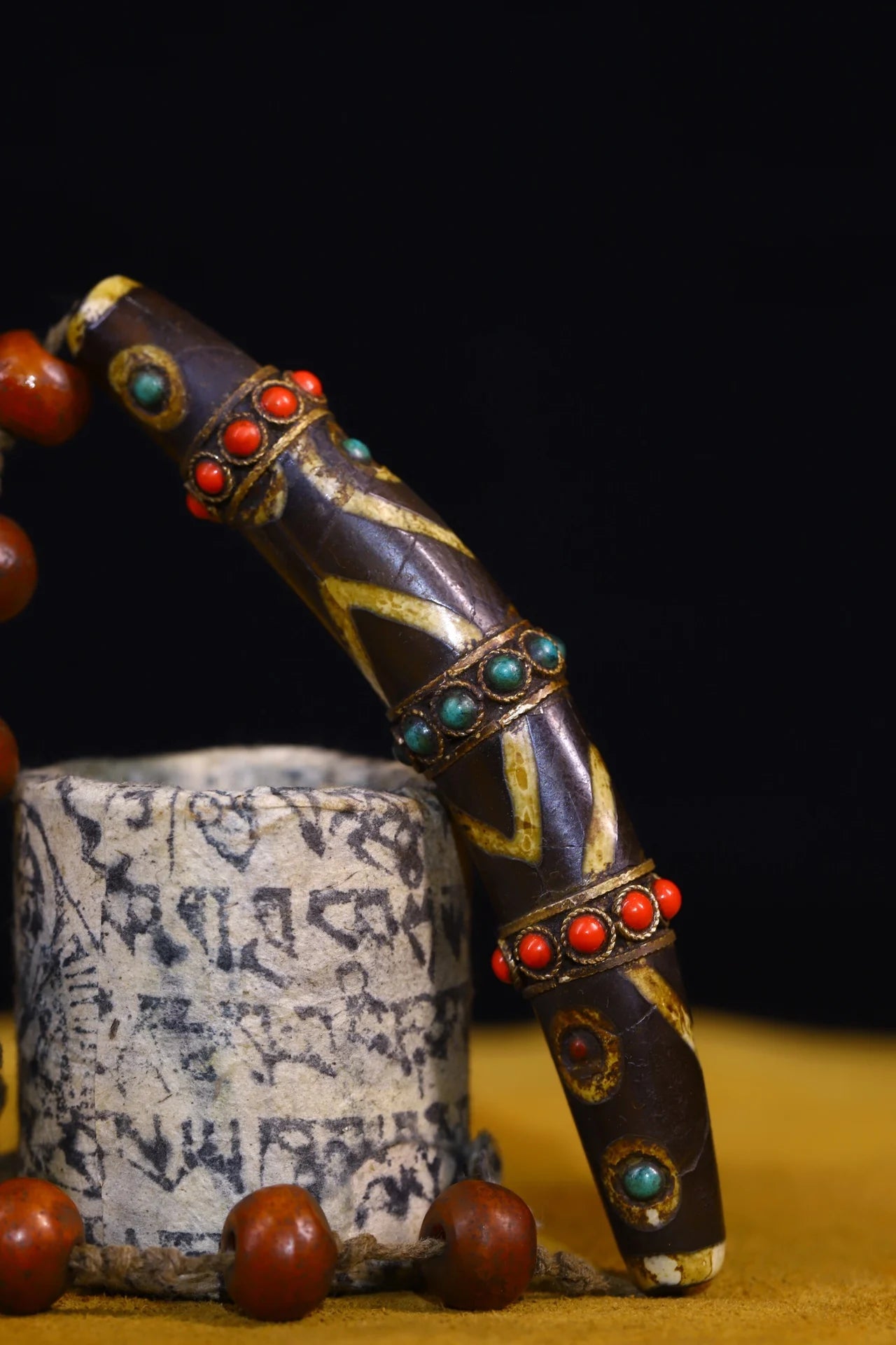4"Tibetan Temple Collection Old Natural Agate filigree Mosaic Gem gZi Beads nine eyeballs Amulet pendant Town house Exorcism
