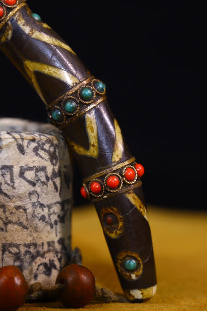 4"Tibetan Temple Collection Old Natural Agate filigree Mosaic Gem gZi Beads nine eyeballs Amulet pendant Town house Exorcism
