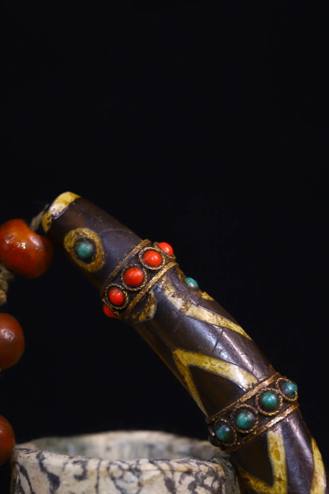 4"Tibetan Temple Collection Old Natural Agate filigree Mosaic Gem gZi Beads nine eyeballs Amulet pendant Town house Exorcism