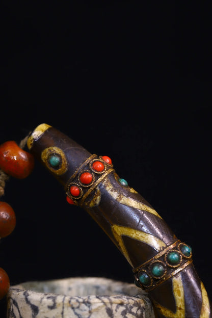 4"Tibetan Temple Collection Old Natural Agate filigree Mosaic Gem gZi Beads nine eyeballs Amulet pendant Town house Exorcism