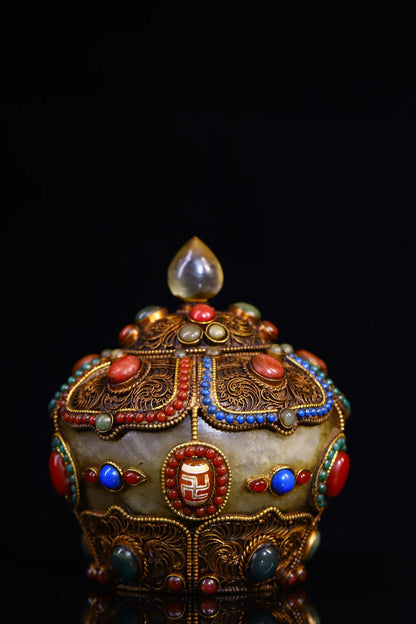 4"Tibetan Temple Collection Old Natural Crystal Mosaic Gem Tibetan silver Gilt Treasure jar Buddha jar Worship Hall Town house