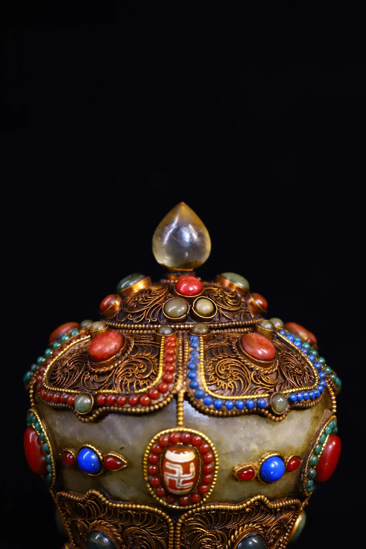 4"Tibetan Temple Collection Old Natural Crystal Mosaic Gem Tibetan silver Gilt Treasure jar Buddha jar Worship Hall Town house