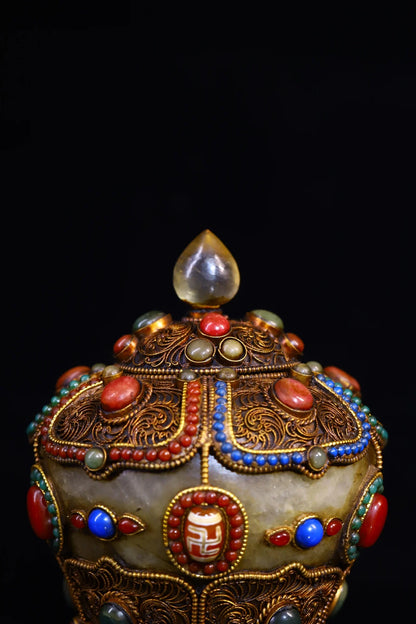 4"Tibetan Temple Collection Old Natural Crystal Mosaic Gem Tibetan silver Gilt Treasure jar Buddha jar Worship Hall Town house