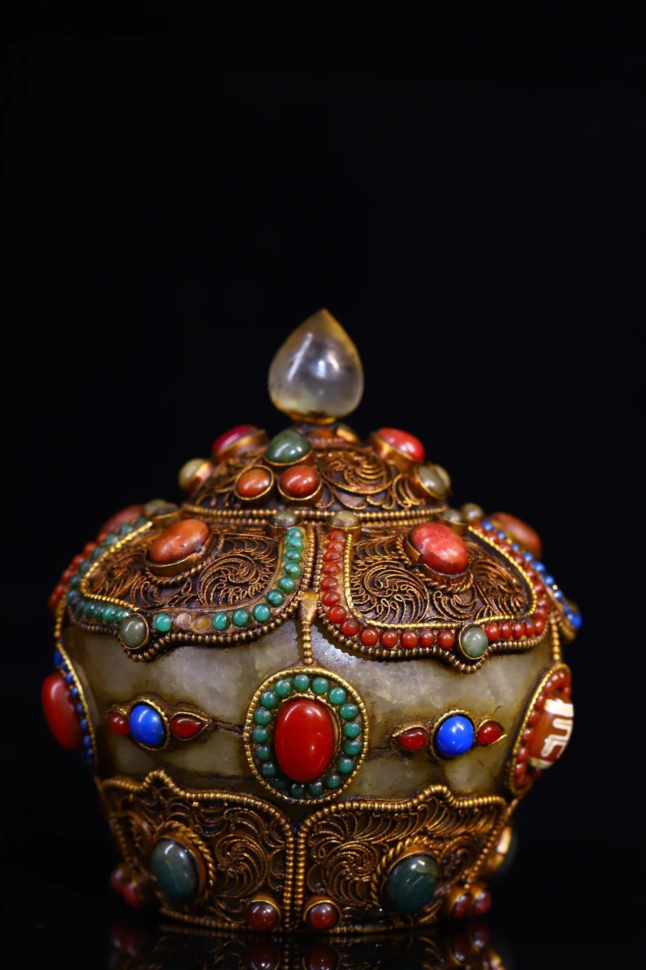 4"Tibetan Temple Collection Old Natural Crystal Mosaic Gem Tibetan silver Gilt Treasure jar Buddha jar Worship Hall Town house