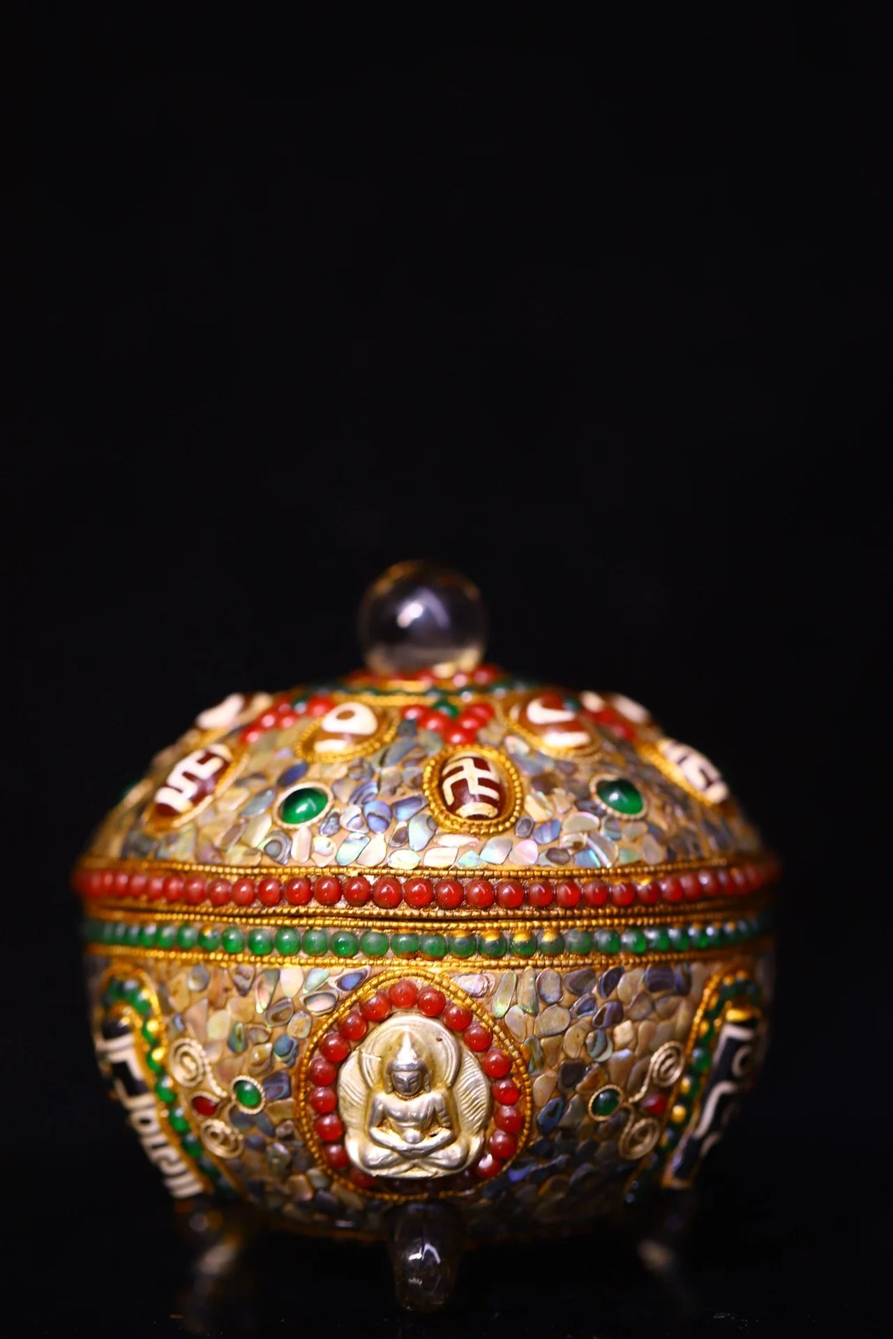 4"Tibetan Temple Collection Old Natural Crystal Mosaic Gem gZi Beads Shell Shakyamuni Buddha Jar Relic jar Amulet Worship hall