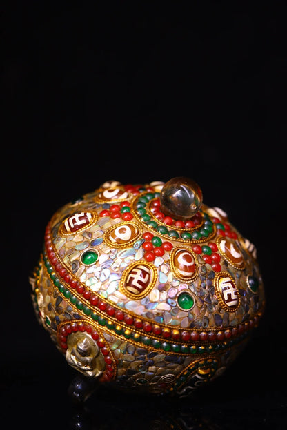 4"Tibetan Temple Collection Old Natural Crystal Mosaic Gem gZi Beads Shell Shakyamuni Buddha Jar Relic jar Amulet Worship hall