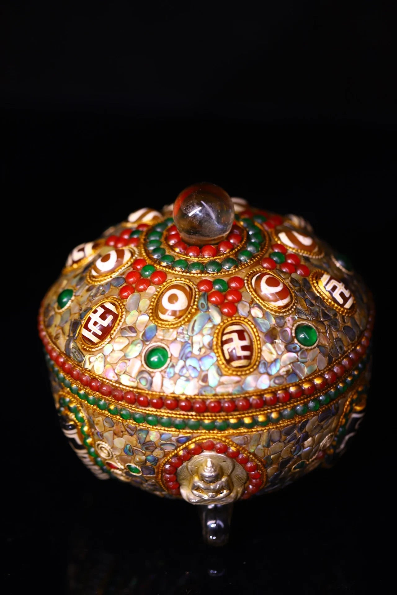 4"Tibetan Temple Collection Old Natural Crystal Mosaic Gem gZi Beads Shell Shakyamuni Buddha Jar Relic jar Amulet Worship hall