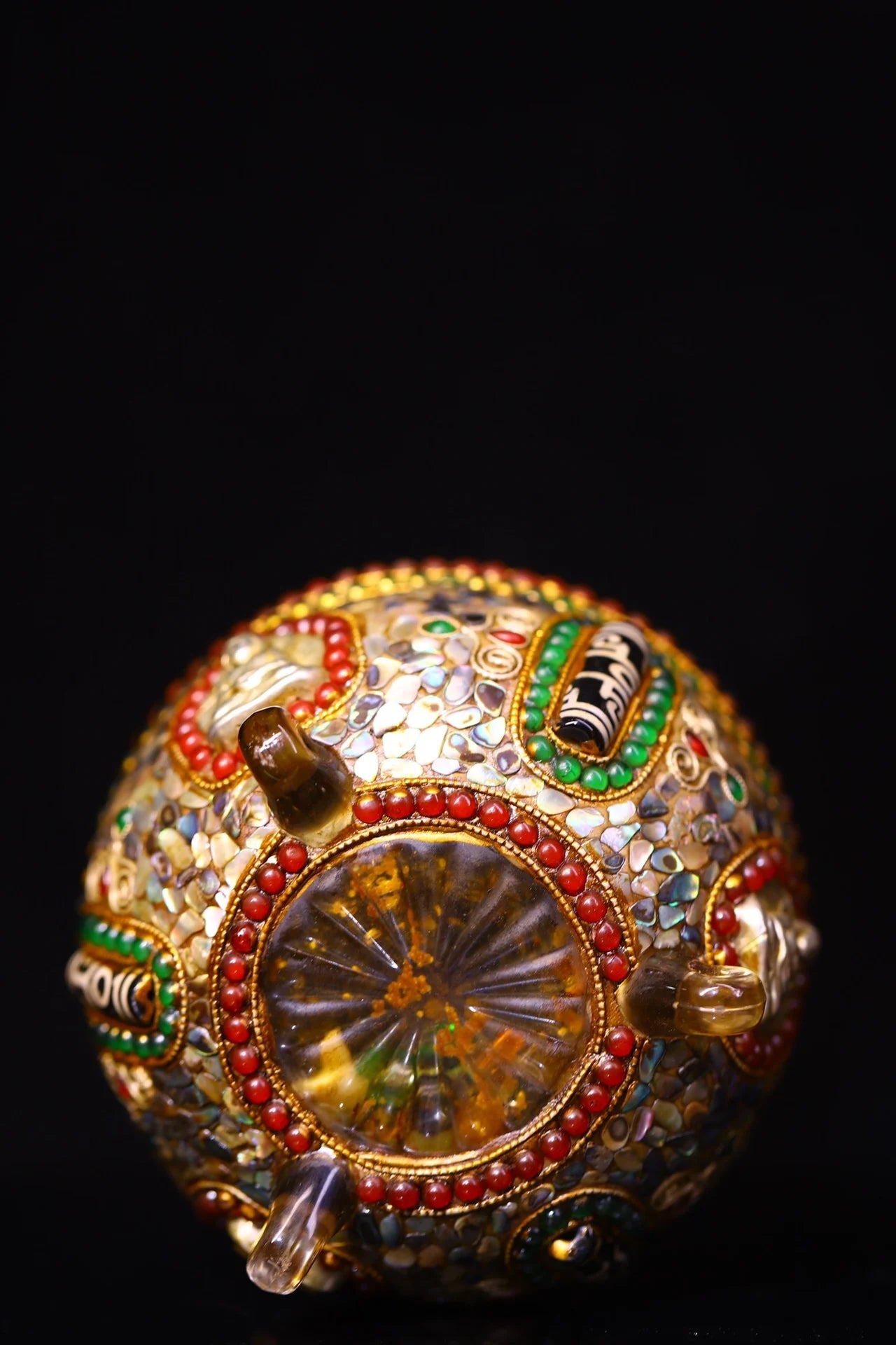 4"Tibetan Temple Collection Old Natural Crystal Mosaic Gem gZi Beads Shell Shakyamuni Buddha Jar Relic jar Amulet Worship hall