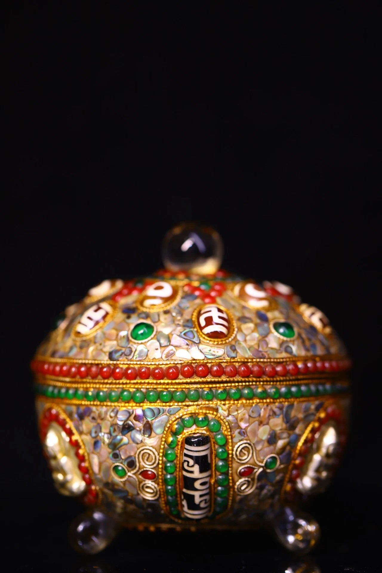 4"Tibetan Temple Collection Old Natural Crystal Mosaic Gem gZi Beads Shell Shakyamuni Buddha Jar Relic jar Amulet Worship hall