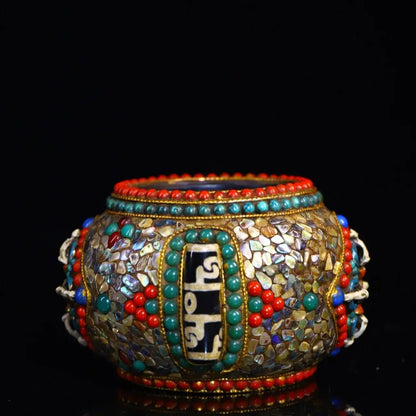 4"Tibetan Temple Collection Old Natural Meteorite Mosaic Gem gZi Beads Shell Treasure pot storage tank ashtray Amulet Dharma