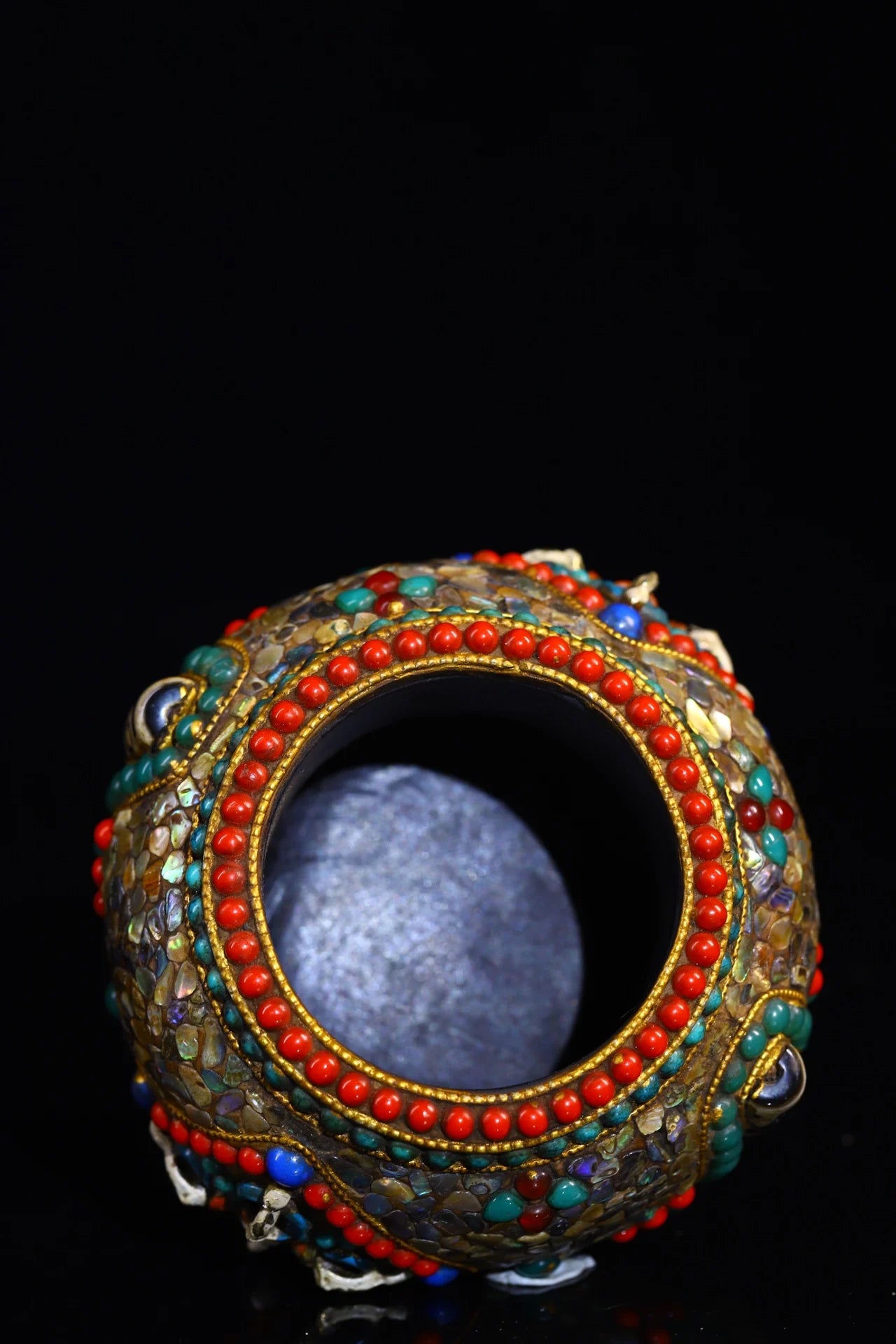 4"Tibetan Temple Collection Old Natural Meteorite Mosaic Gem gZi Beads Shell Treasure pot storage tank ashtray Amulet Dharma