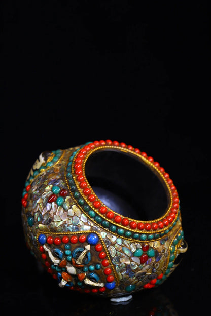 4"Tibetan Temple Collection Old Natural Meteorite Mosaic Gem gZi Beads Shell Treasure pot storage tank ashtray Amulet Dharma