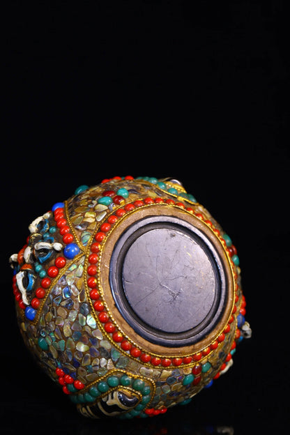 4"Tibetan Temple Collection Old Natural Meteorite Mosaic Gem gZi Beads Shell Treasure pot storage tank ashtray Amulet Dharma