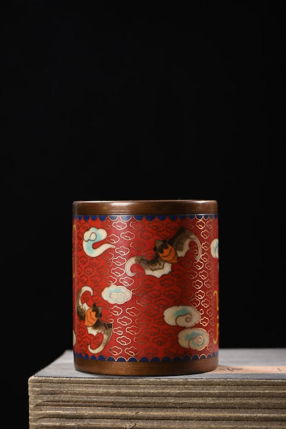 4"Tibetan Temple Collection Old Purple Bronze Cloisonne Enamel Cloud Crane Longevity handwriting Pen holder Gather fortune