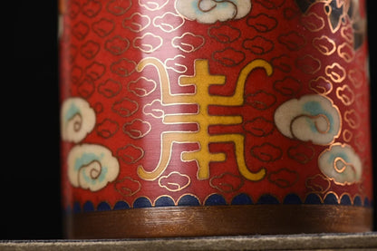 4"Tibetan Temple Collection Old Purple Bronze Cloisonne Enamel Cloud Crane Longevity handwriting Pen holder Gather fortune