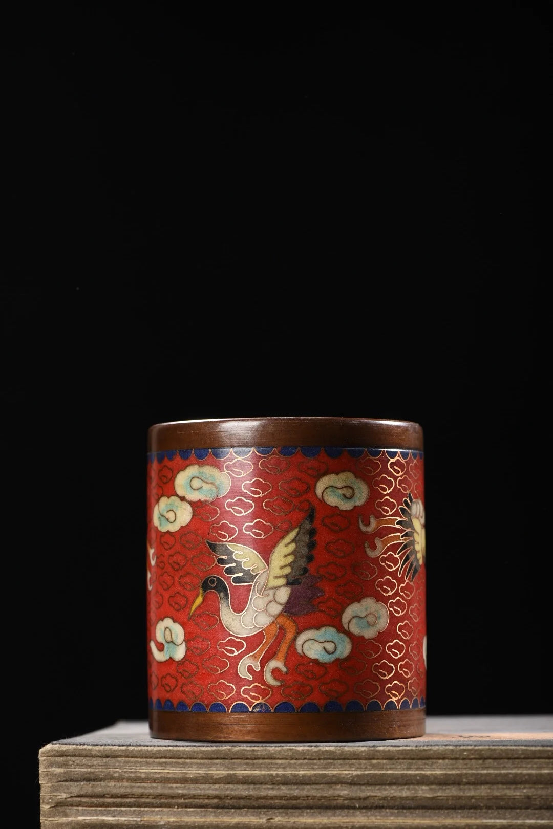 4"Tibetan Temple Collection Old Purple Bronze Cloisonne Enamel bat Longevity handwriting Pen holder Gather fortune Town house